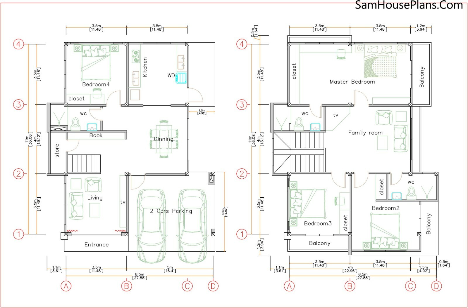 28×36 Feet House Design Plans 8.5×11 Meter 4 Beds 3 Bath Hip Roof (A4 Hard Copy)