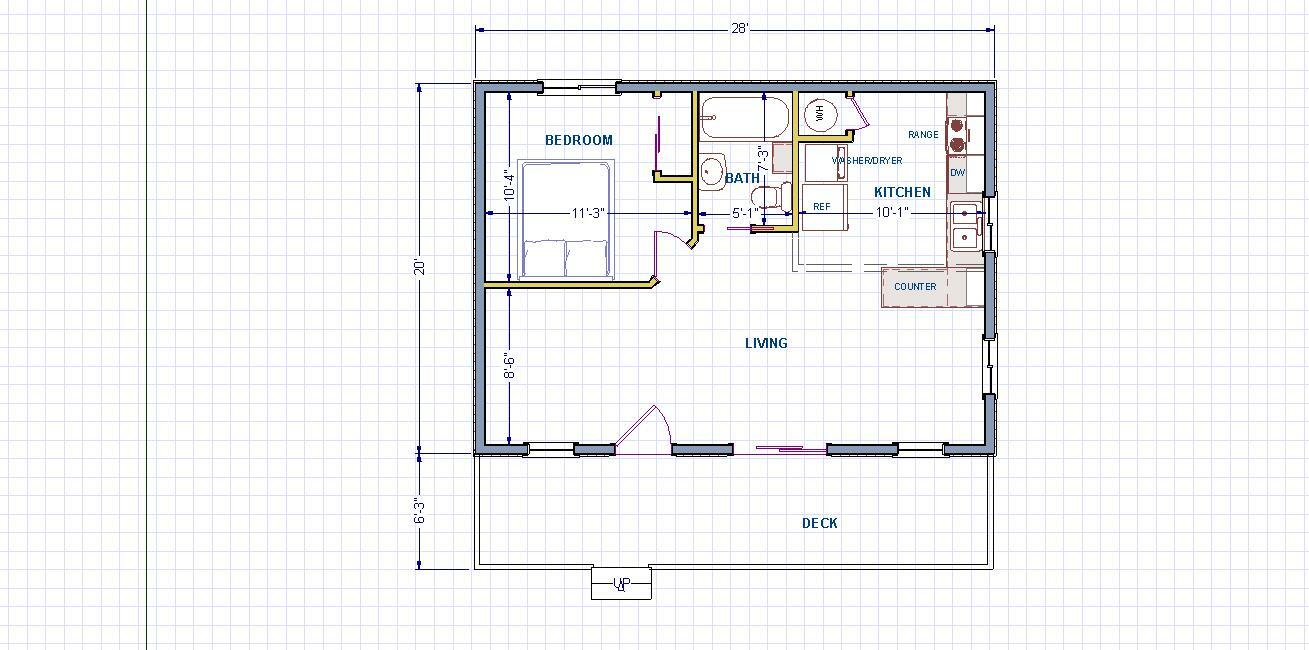 Smal Home Modern Style House Plans 560 square feet and open kitchen living area.