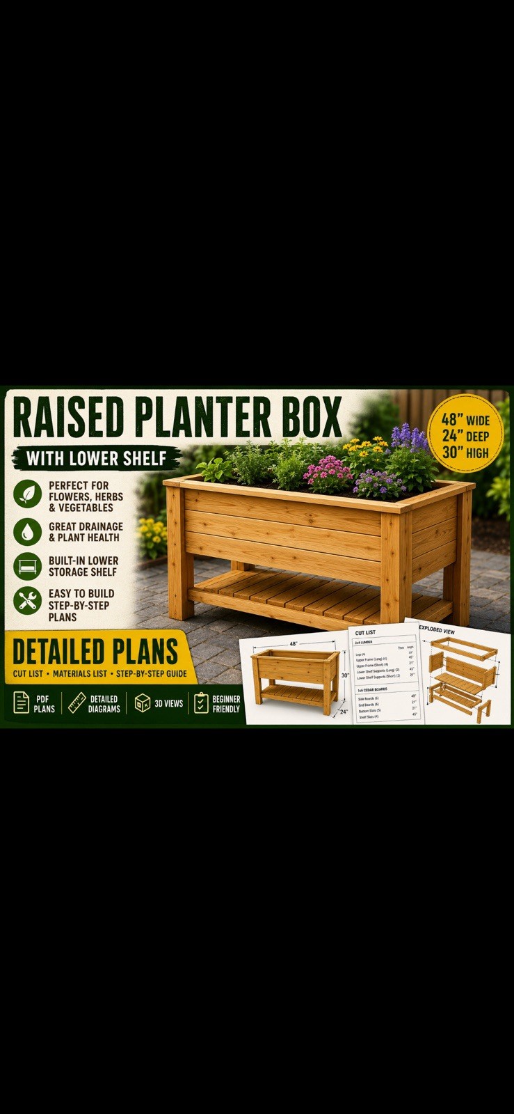 Raised Planter Box with Lower Shelf – Detailed Plans, 48 x 24 x 30 DIGITAL PLANS