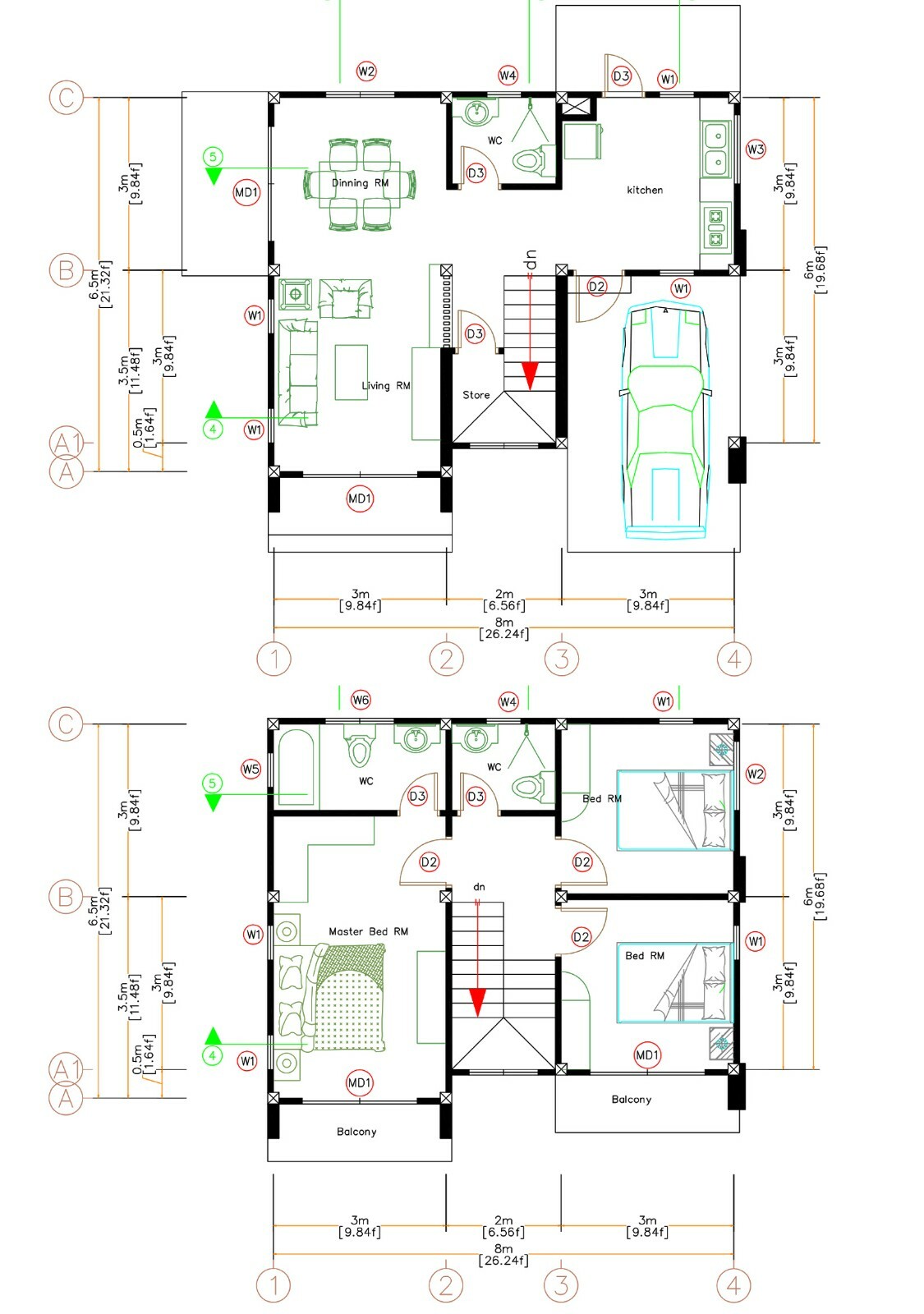 Custom House Design Plans 8×6.5 Meter 26×21 Feet 3 Beds 3 Baths (A4 Hard Copy)