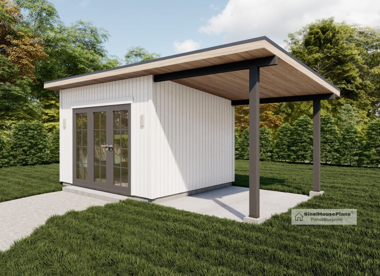 10’x20′ Modern Garden Shed Plans with Porch, Backyard Studio House blueprints