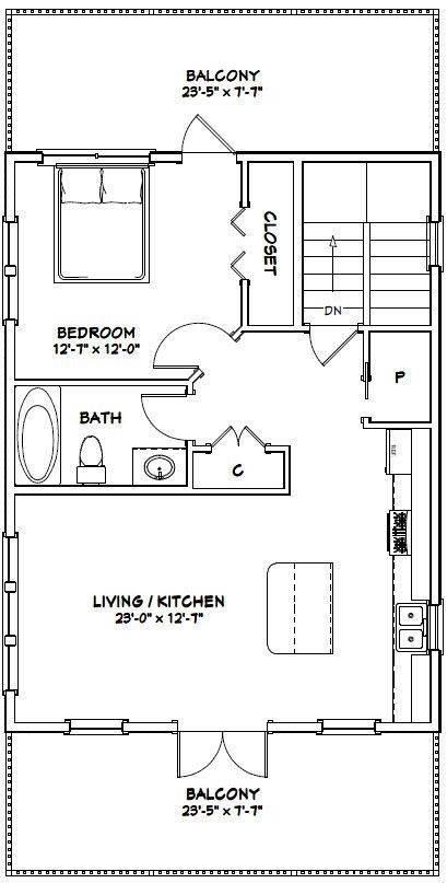 24×32 House with RV port — 1 Br 1.5 Ba — 830 sqft — PDF FloorPlan — Model 9A