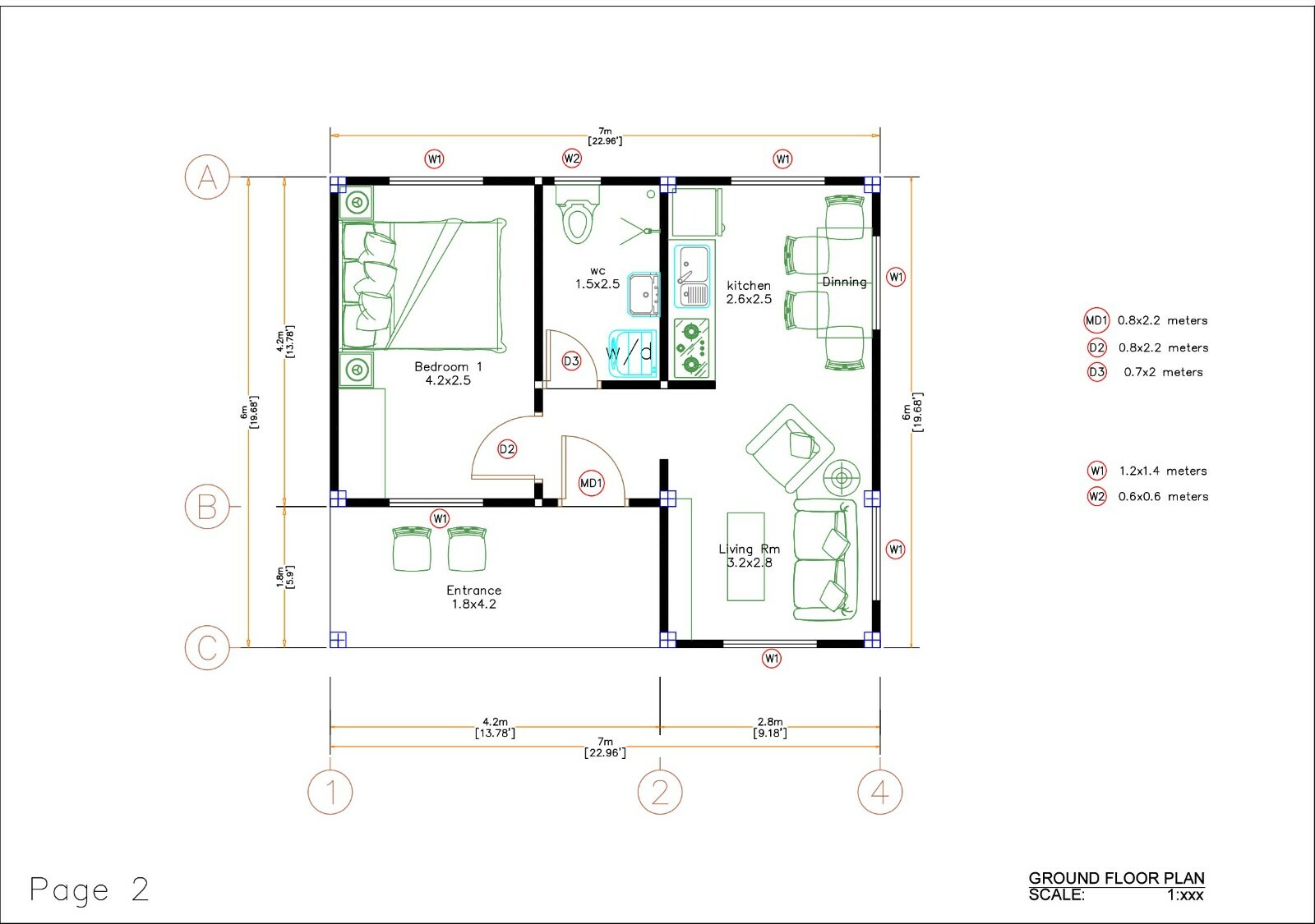 23×20 Feet Small House Plans 7×6 Meter One Bedroom Flat Roof (A4 Hard Copy)