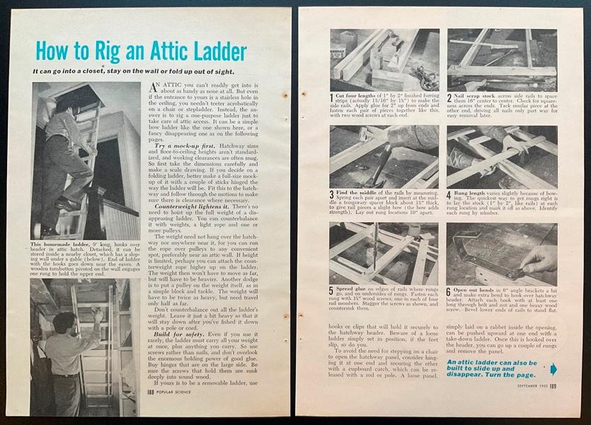 Attic Ladder 4 types 1952 HowTo Design PLANS Sliding~Wall~Hinged~Tuck away