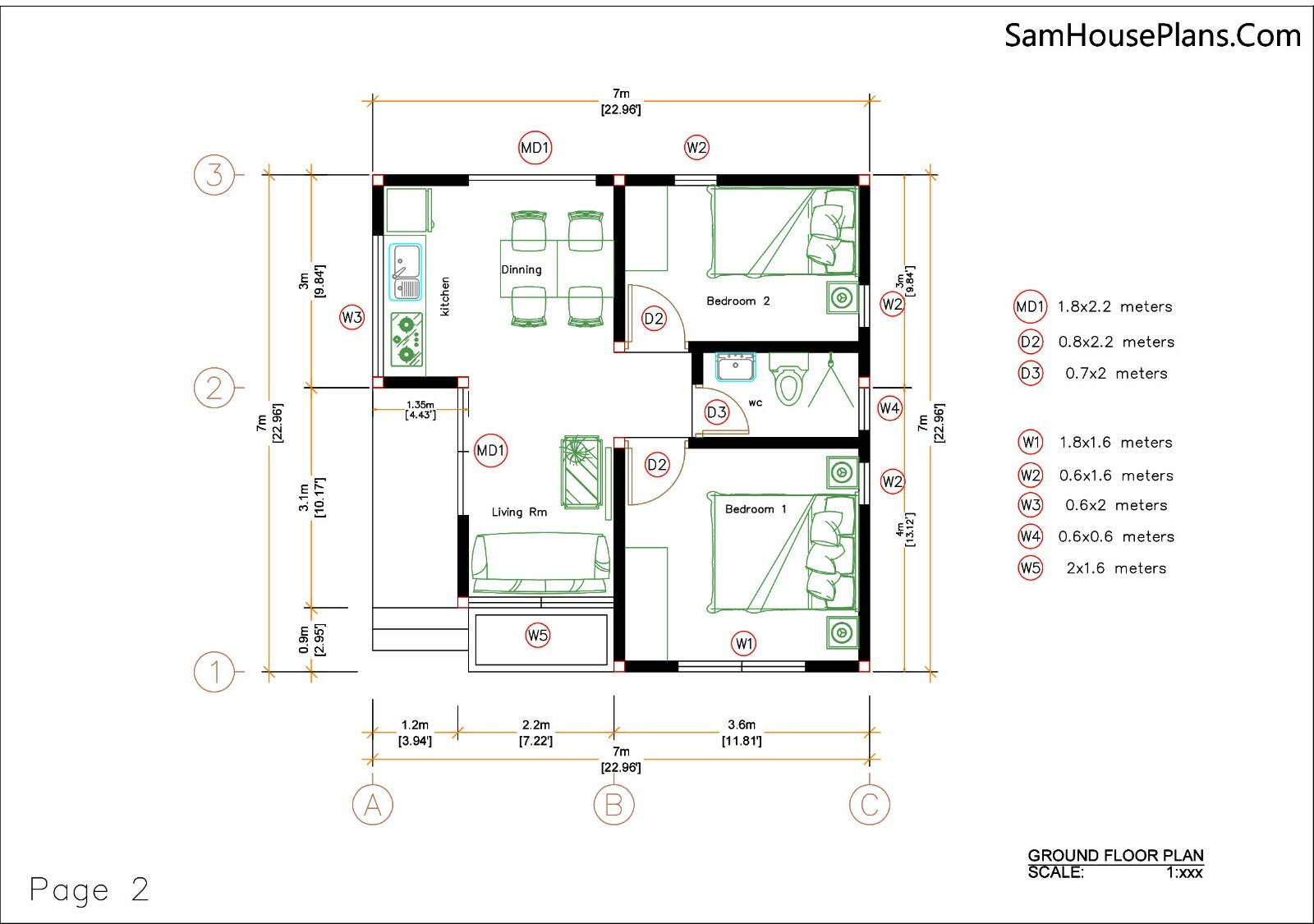 Small Home Plan 7×7 Meter 24×24 Feet 2 Bedrooms Shed Roof (A4 Hard Copy)
