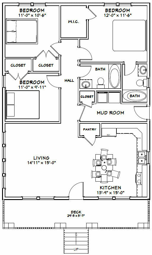 30×40 House — 3 Bedroom 2 Bath — 1,200 sq ft — PDF Floor Plan — Model 2