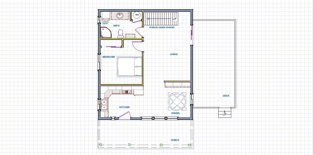 House Plans (1008 sq.ft.) with loft, three bedrooms, front porch, outdoor deck.