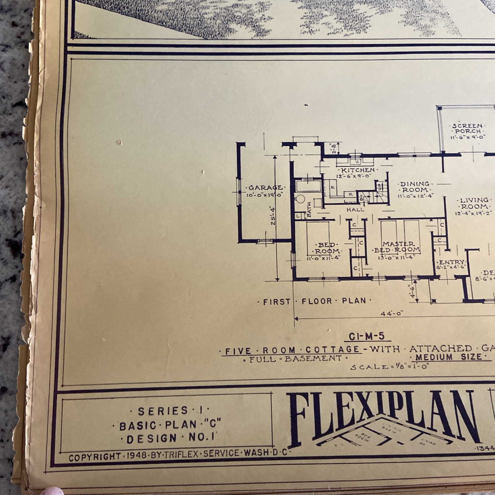 Vintage 1948 MCM Bungalow Ranch HomePlan Blueprint Triflex Service Washington DC