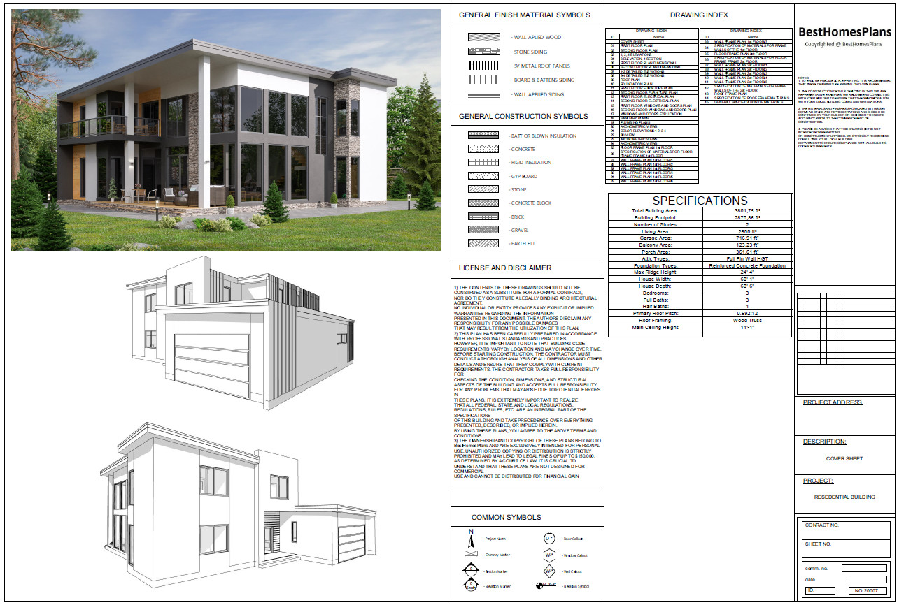 60’x60′ 3 Beds, 3.5 Baths Hi-tech Style Architectural Build Plans PDF.