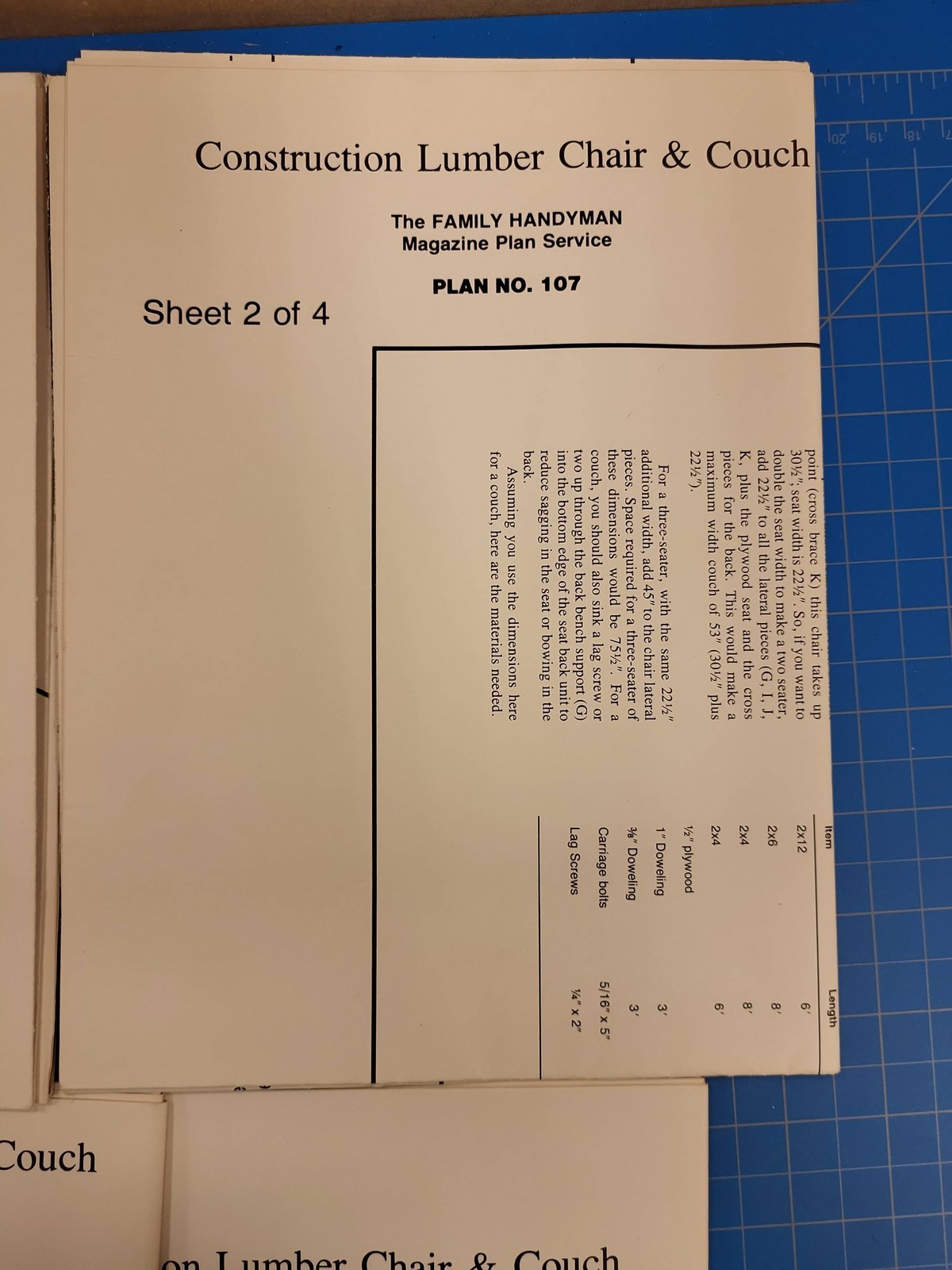 Vintage Family Handyman Plan No. 107 Construction Lumber Chair & Couch DIY Wood