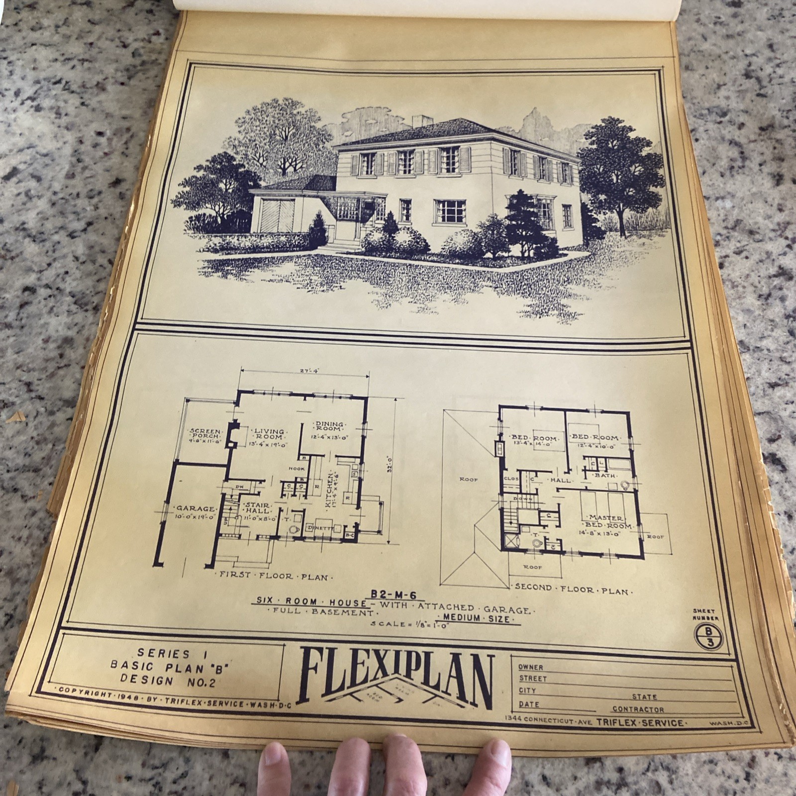 Vintage 1948 4 Square Home Plan Drawing Blueprint Triflex Service Washington DC