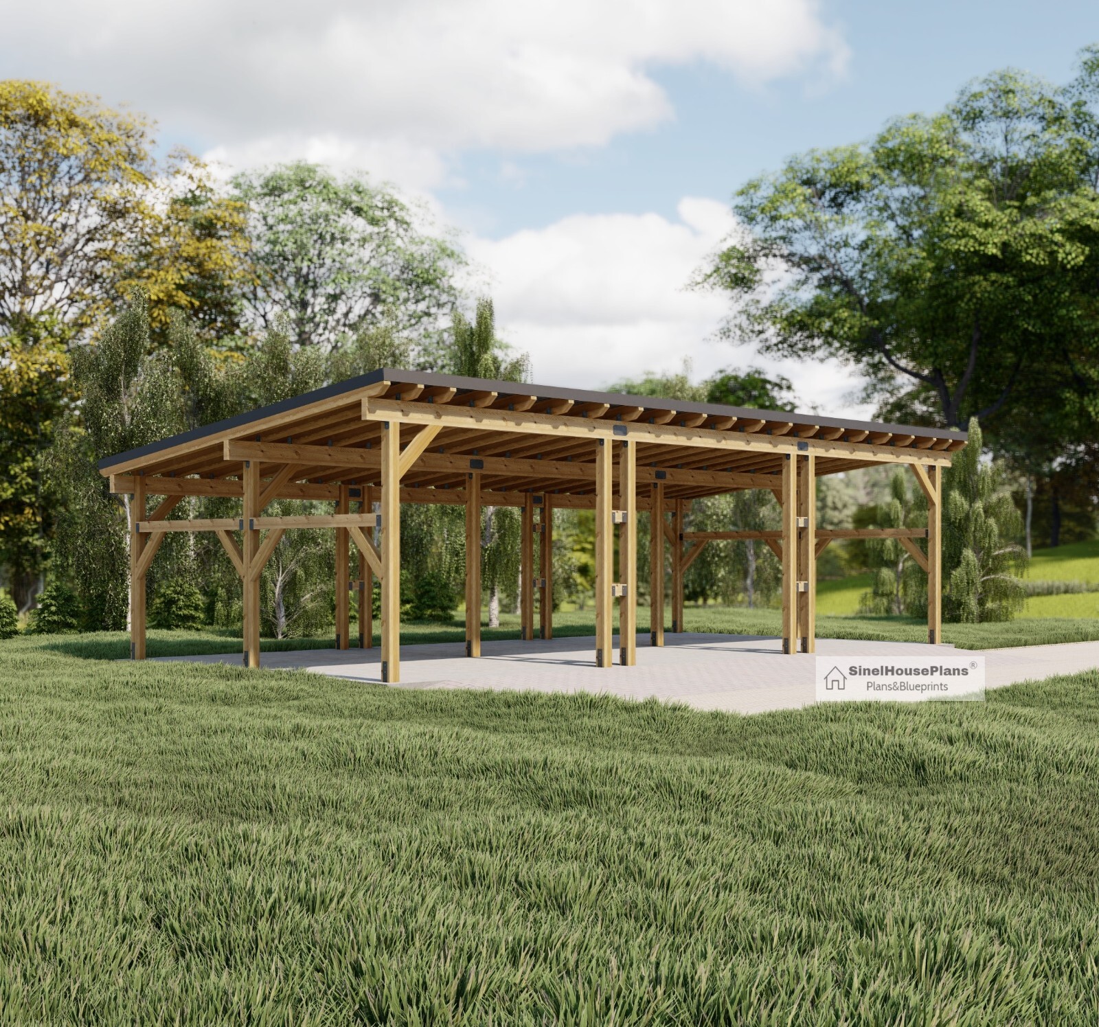 3 Car Carport Plans, Modern 36′-3”x18′ Lean to Pavilion Blueprints