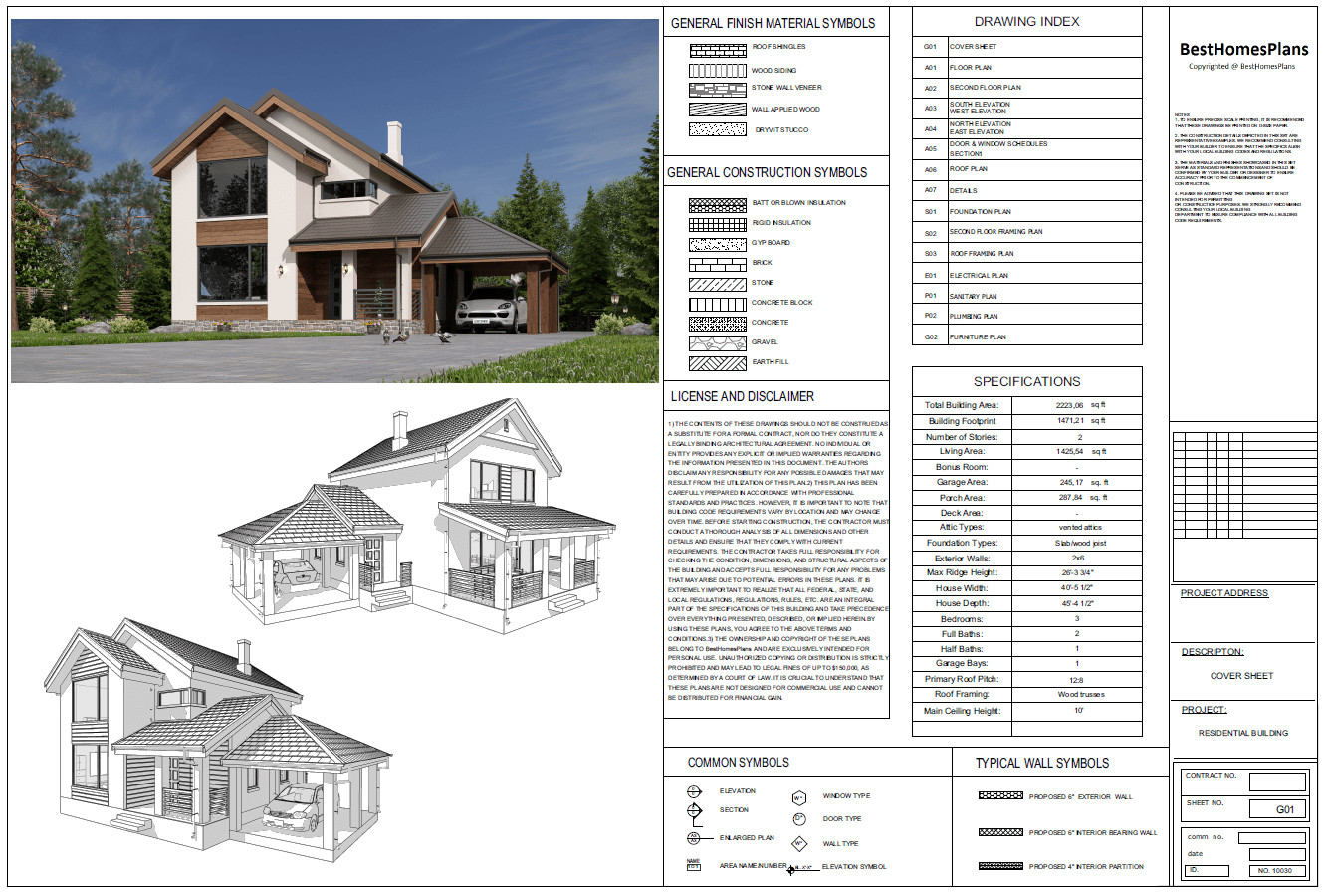40’x45’ 3 Bed, 3 Bath Modern Cottage Architectural Build Plans PDF Download.