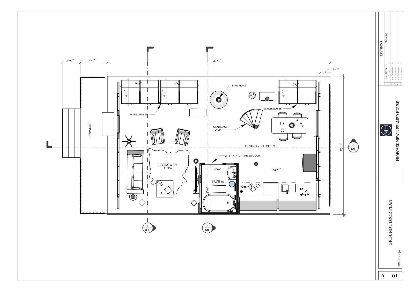 A-Framed Cabin House Plan DWG CAD File And PDF For Blueprint Plans – 1417sqft