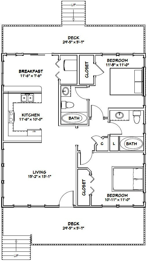 30×32 House — 2 bedroom 2 Bath — 960 sqft — PDF Floor Plan — Model 4A