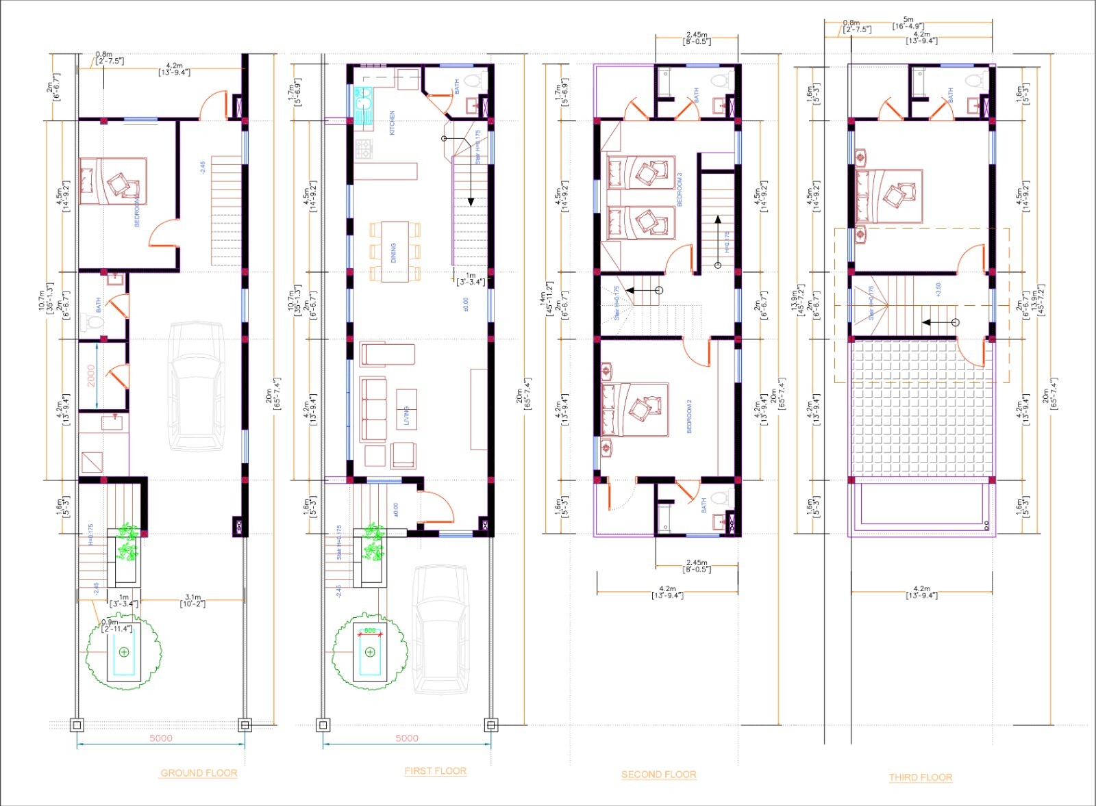 14×45 Feet Small House 4.2×14 Meter 4 Bed 5 Baths Shed Roof PDF (A4 Hard Copy)