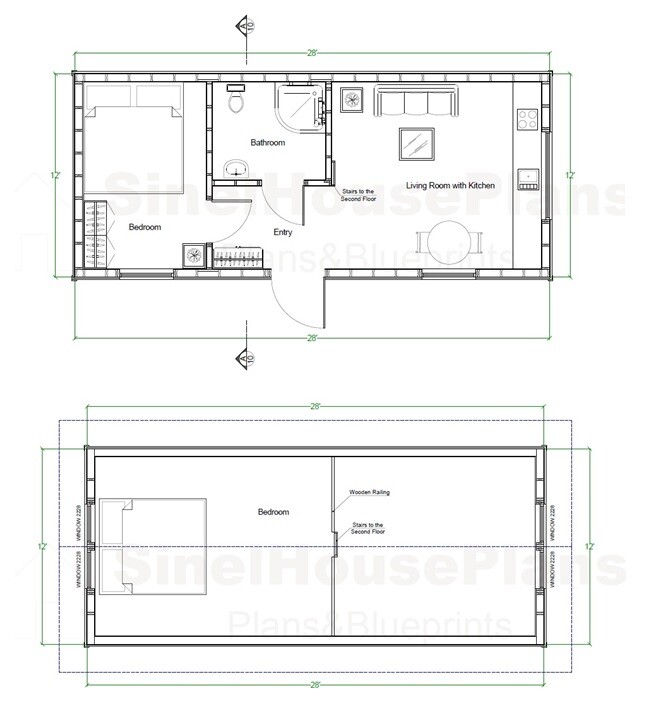 12’x28′ Cabin House Plans / Two-Bedroom Tiny house with Loft / 455 SF Building
