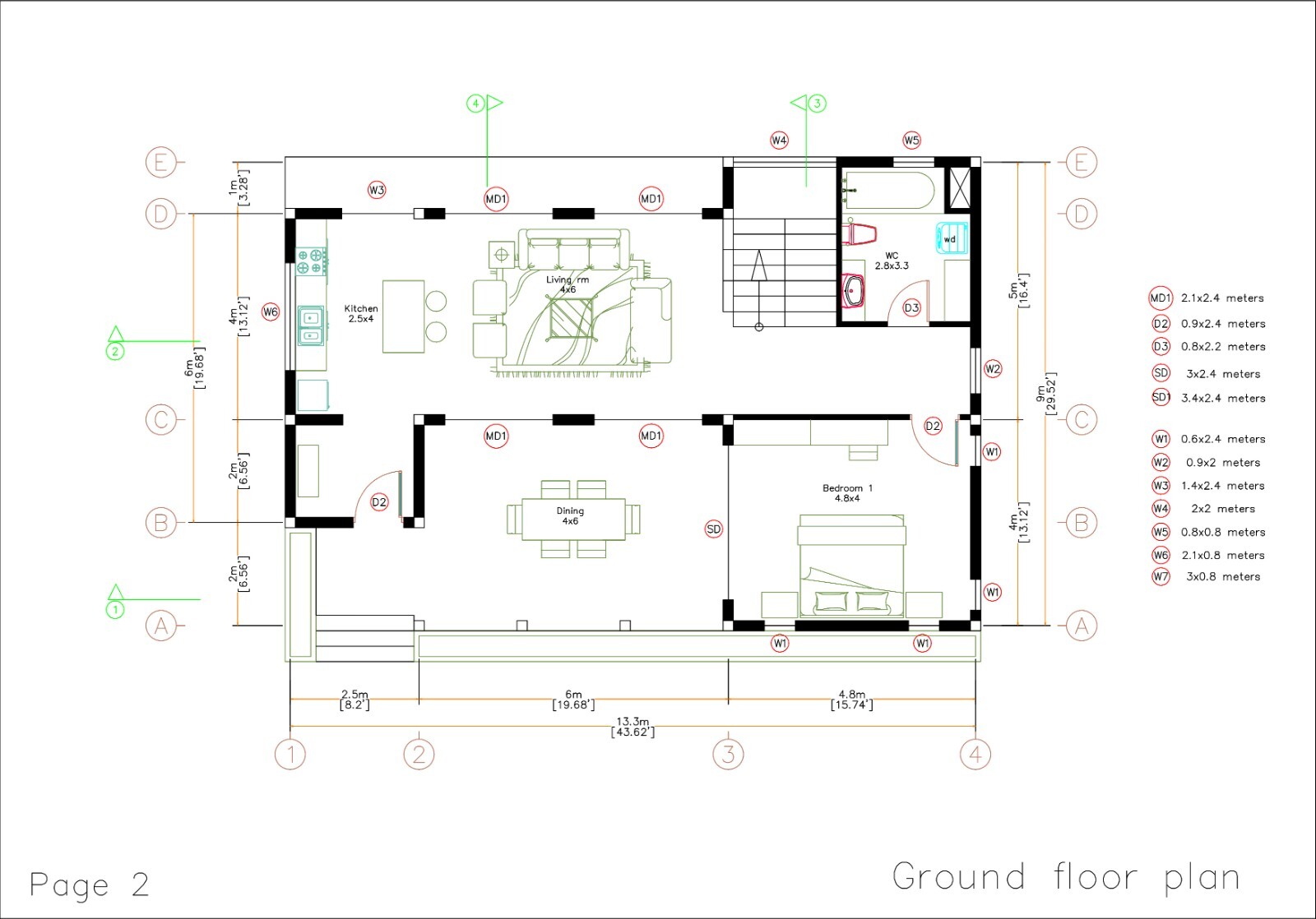 44×30 Feet Small House Plan 13.3×9 Meter 2 Beds 2 Baths Flat Roof (A4 Hard Copy)