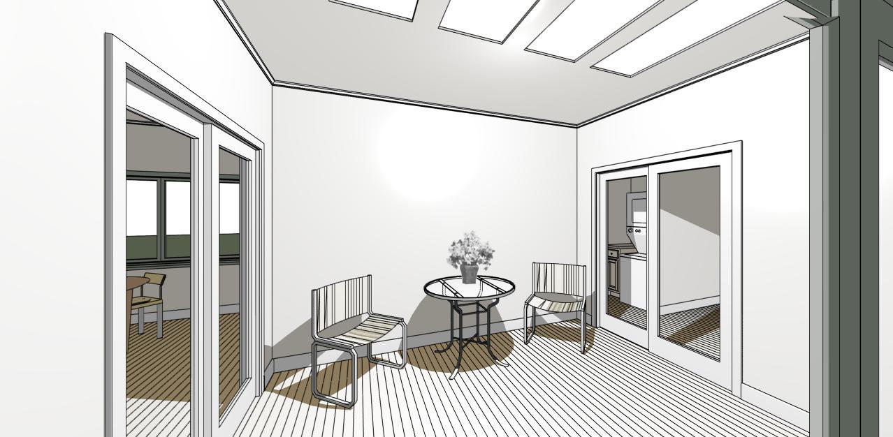 Small Home Construction Plans 648 sq.ft. with outdoor deck and sunroom.