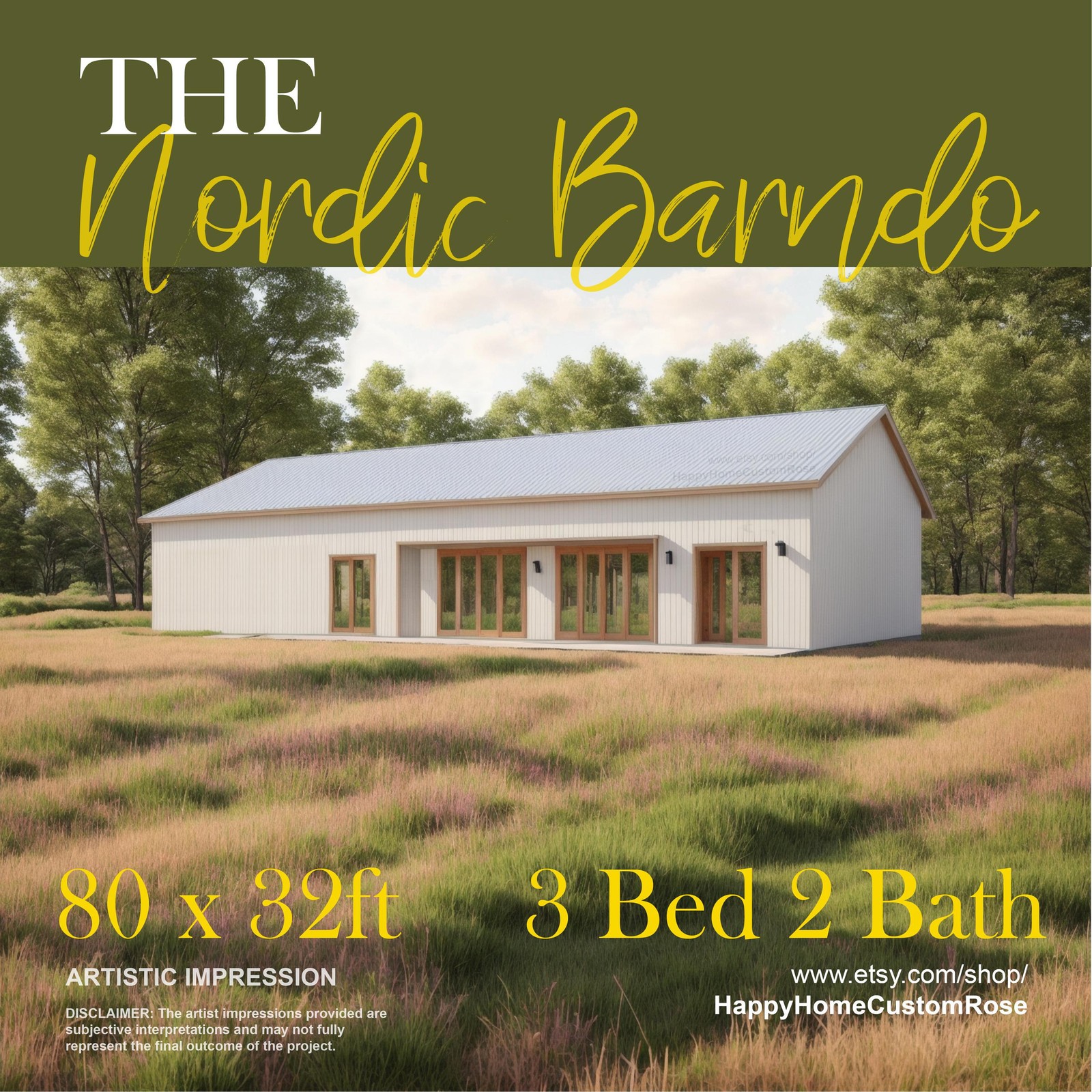 Nordic Barndominium Modern House Open Plan Design 80 x 32 – 3 Bed 2 Bath – Drawi