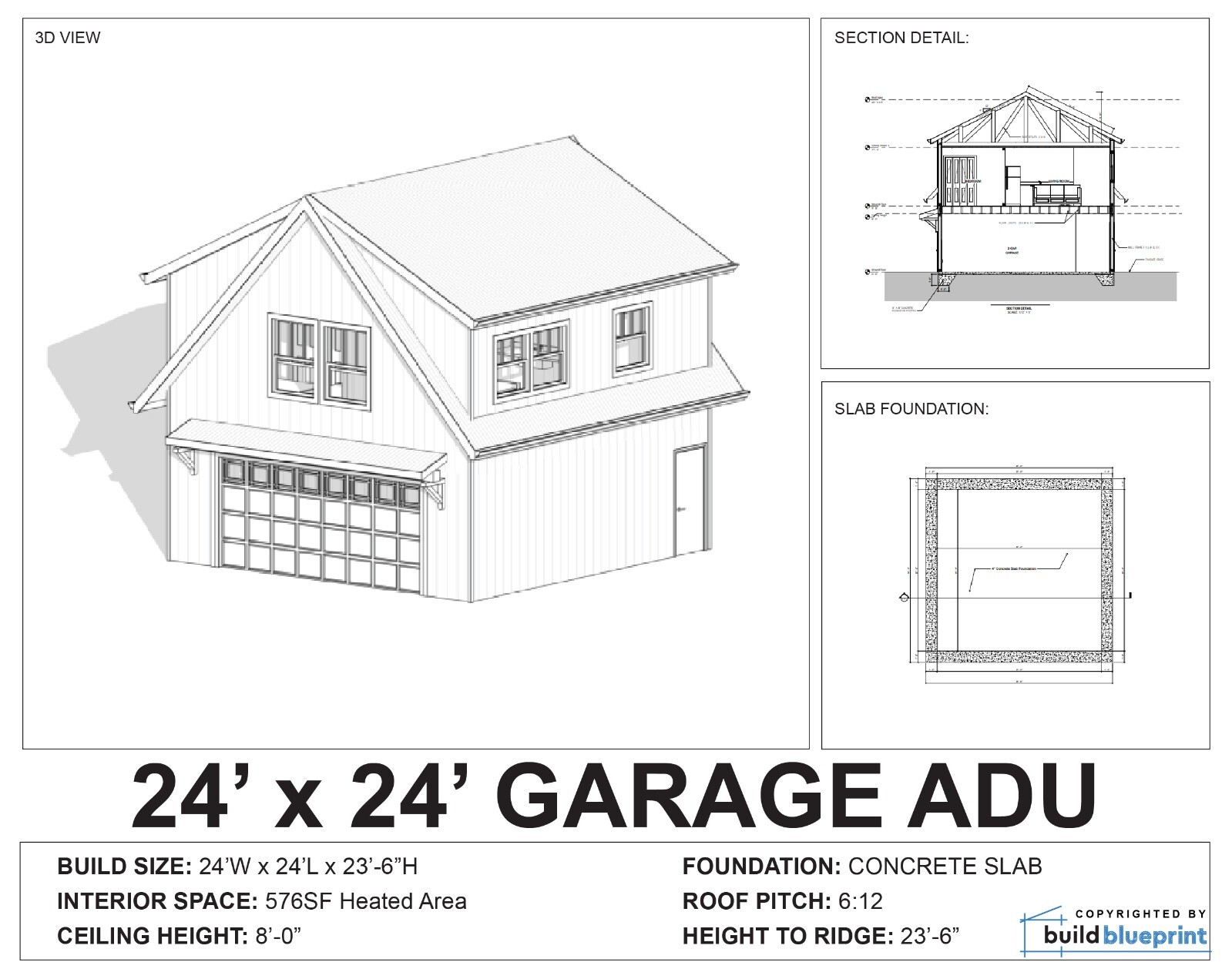 24′ x 24′ Two Car ADU Garage Loft Architectural Plans – PDF Download