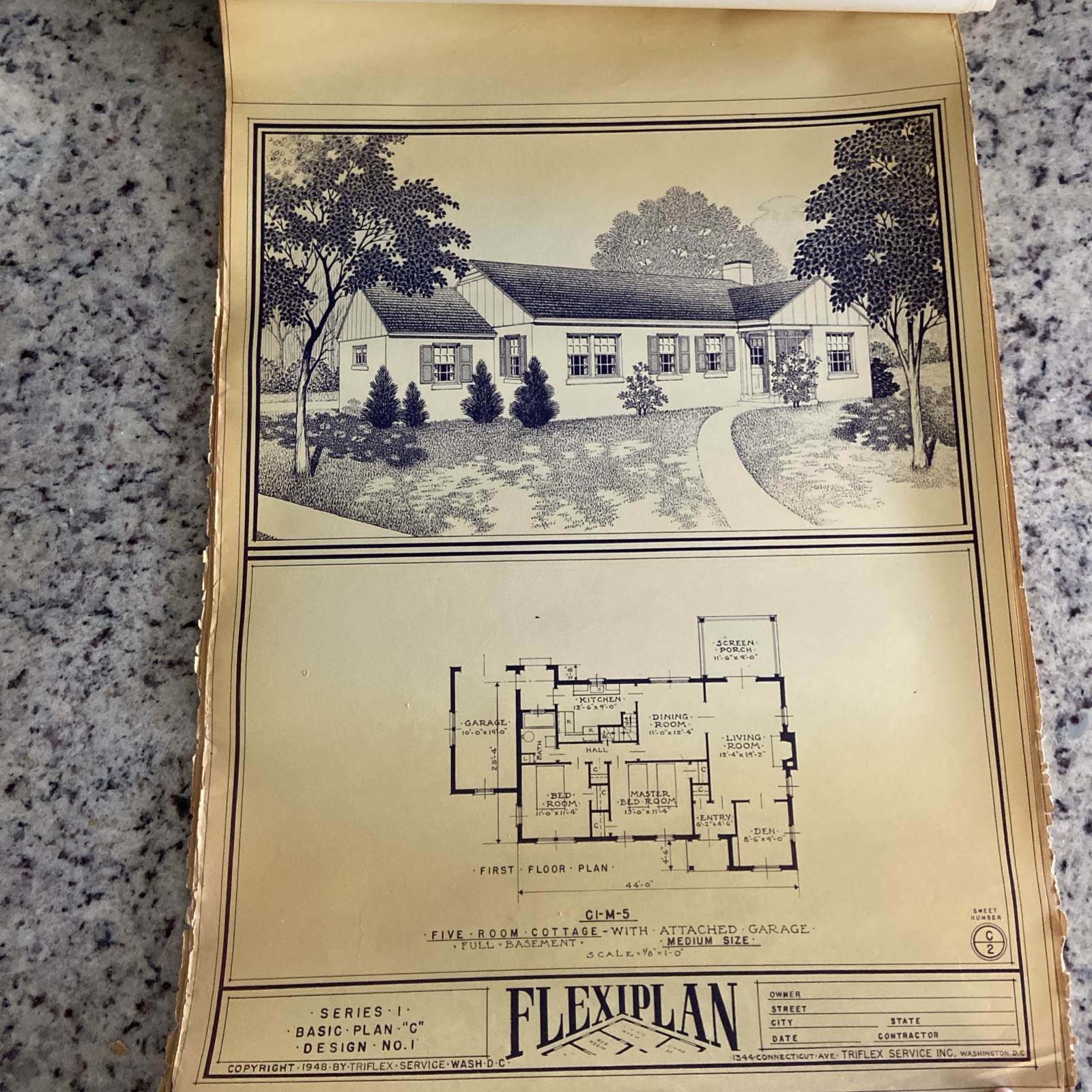 Vintage 1948 MCM Bungalow Ranch HomePlan Blueprint Triflex Service Washington DC