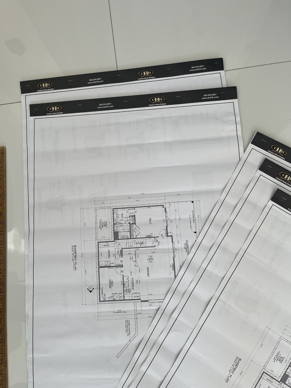 Set of Five (5) Three Page Architectural Drawings of Basement Plans Foundation