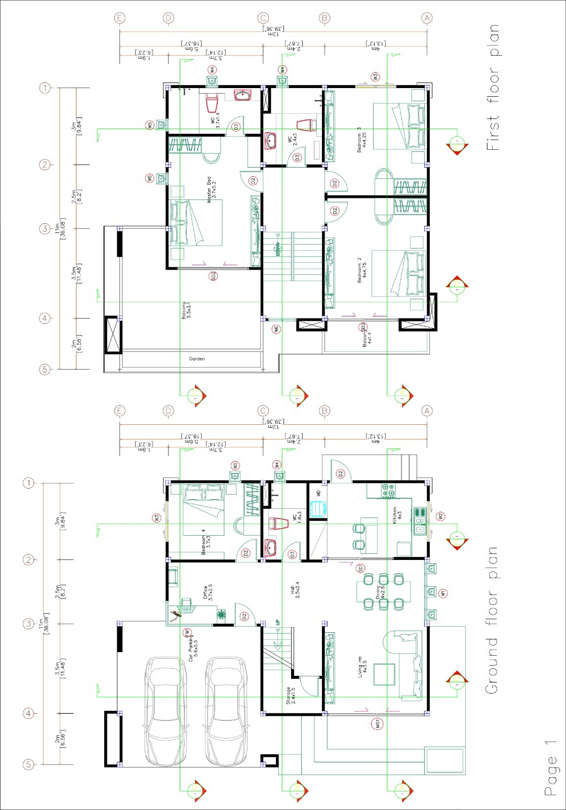 House Design Plan 12×11 Meter 40×36 Feet 4 Bedrooms PDF Plan (A4 Hard Copy)