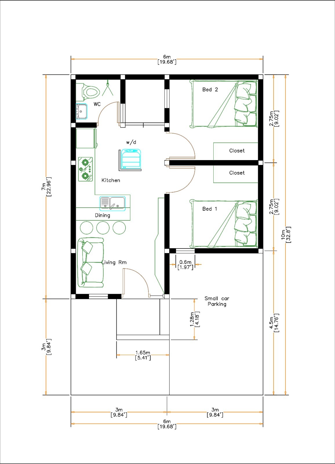20×23 feet Small House 6×7 meter 2 Beds 1 Bath Terrace PDF & (A4 Hard Copy)