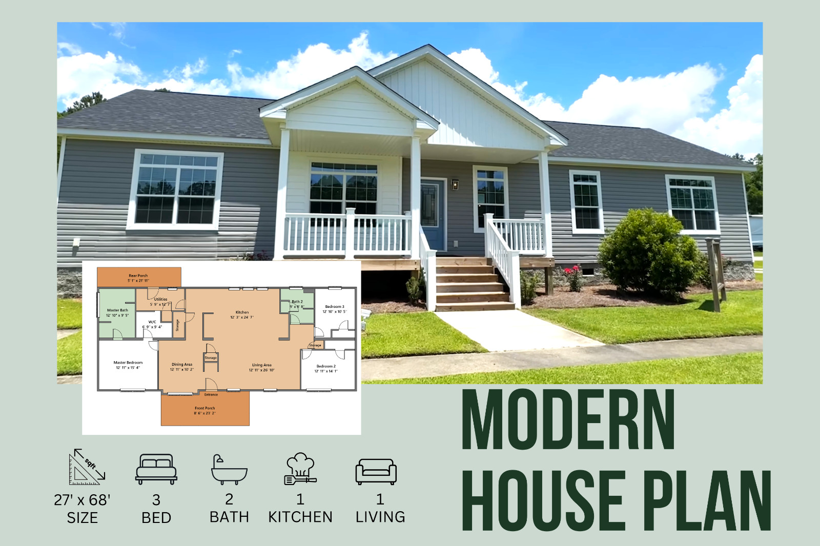 27 x 68 Modular House Floor Plan 3 Bedroom 2 Bath 1,800 sq ft PDF Floor Plan