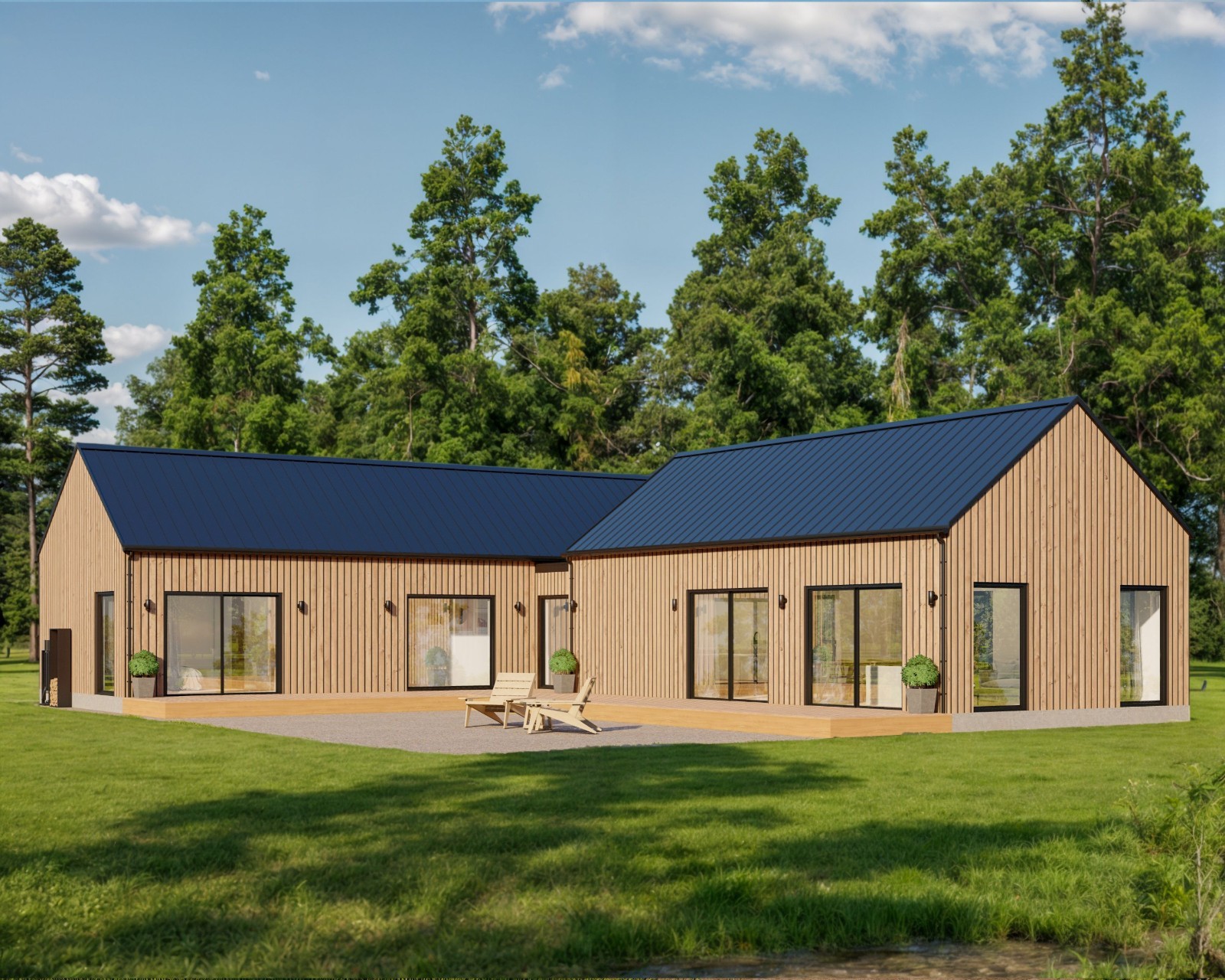 Modern Cabin House, L-shape House, 3 Bed 2 Bath, 1600 Sq Ft, Architectural Plans