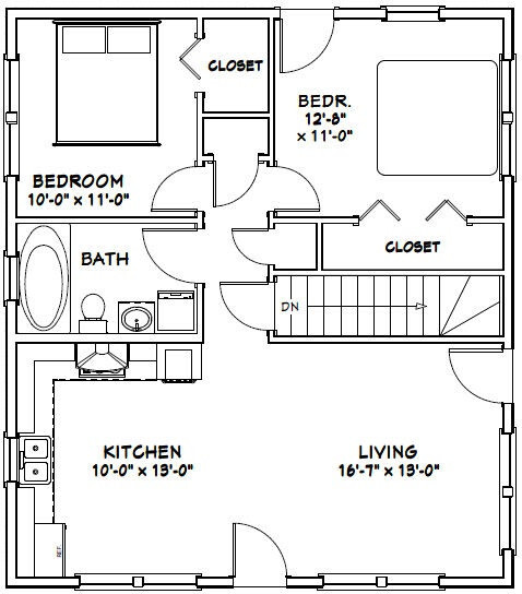 28×32 House — 2 Bedroom 1 Bath — 848 sq ft — PDF Floor Plan — Model 3J