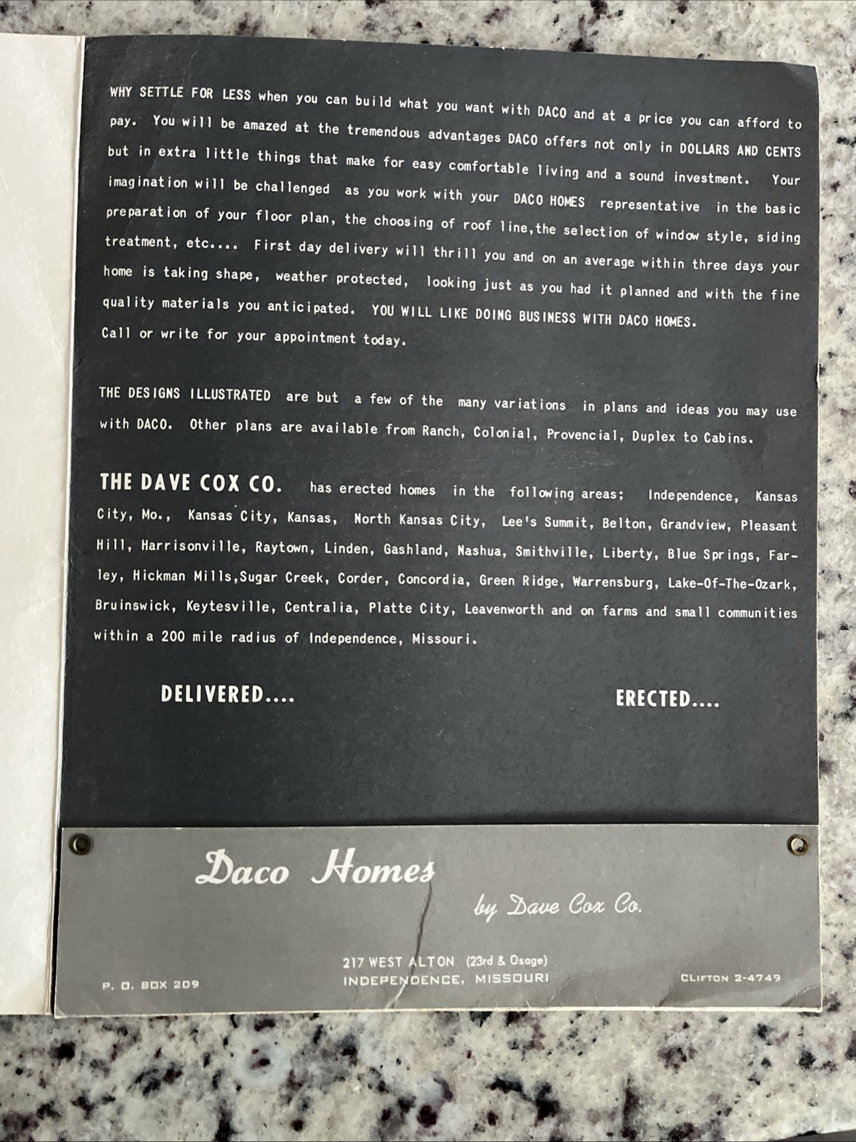 Vintage 1959 8- MCM Home Plan Sheets DACO Homes Independence MO Catalog Card