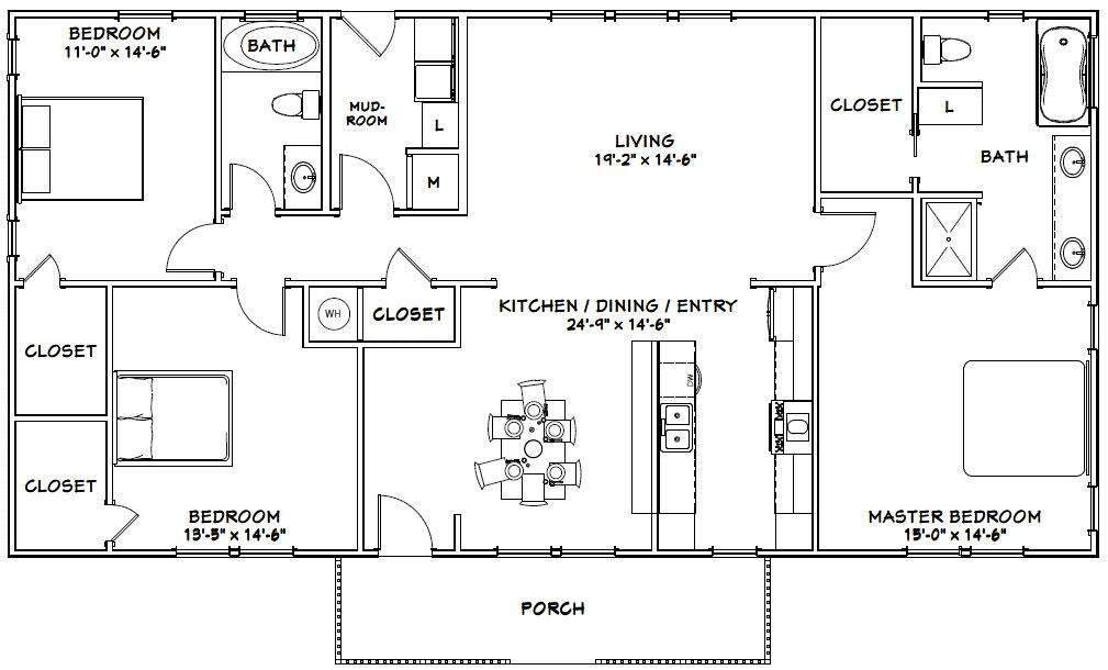 60×30 House — 3 bedroom 2 Bath — 1,800 sqft — PDF Floor Plan — Model 3D