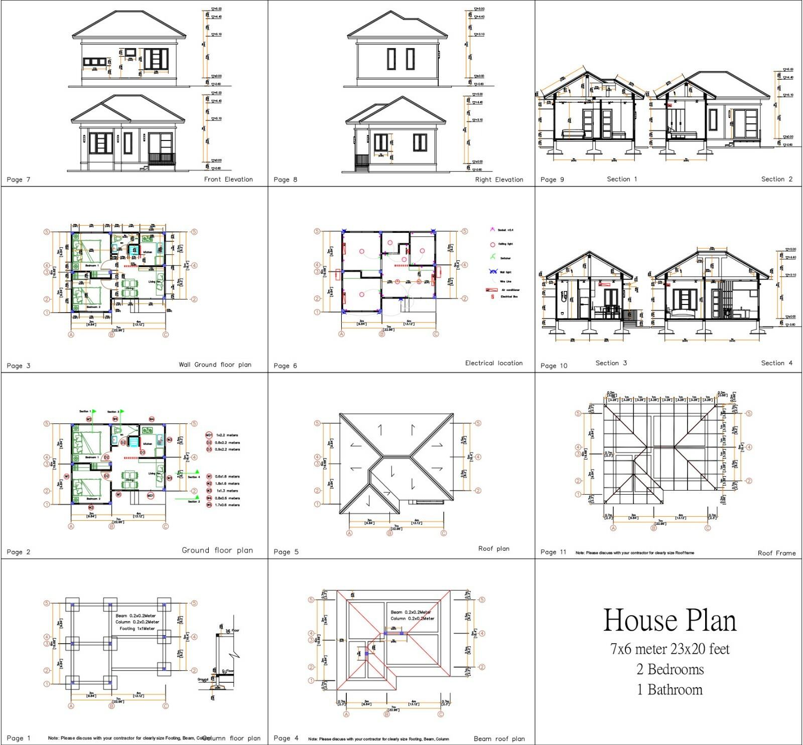 Custom Small House Plan 7×6 Meter 23×20 Feet 2 Beds 1 Bath Hip (A4 Hard Copy)