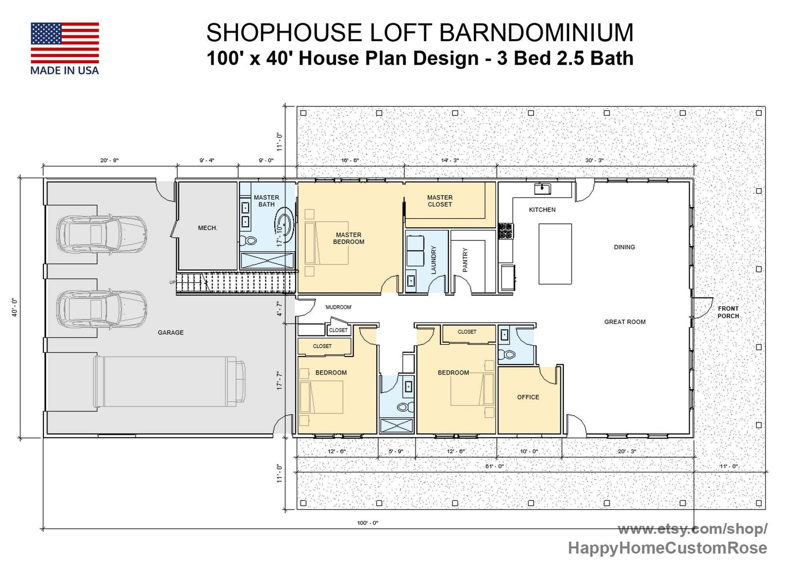 Shophouse Loft Barndominium Modern House Open Plan Design 100 x 40 – 3 Bed 2.5 B