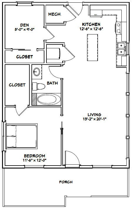 26×34 House — 1 Bedroom 1 Bath — 884 sq ft — PDF Floor Plan 1A
