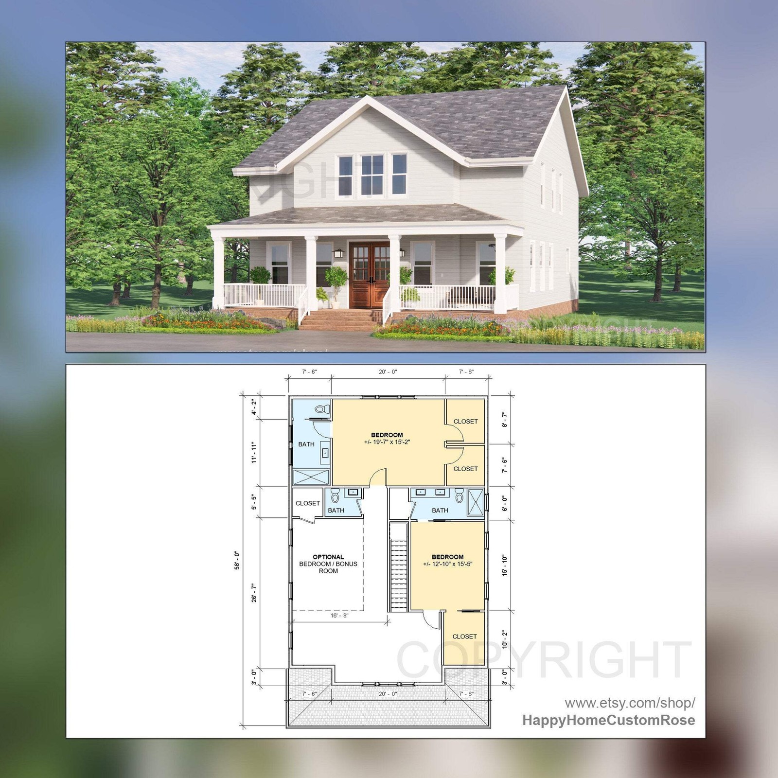 Tall Oak Country Style Farmhouse – Two Story – 4 Bed 4 Bath – 58×35′ – 3480 Squa