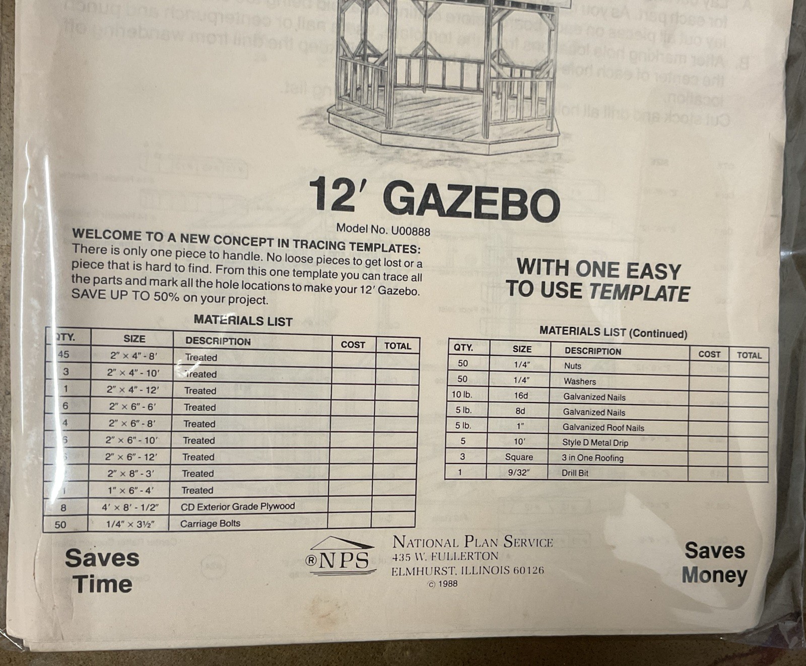 UCANDO U00888 12’ Gazebo Plans Rebagged With Material List NOS W/Templete