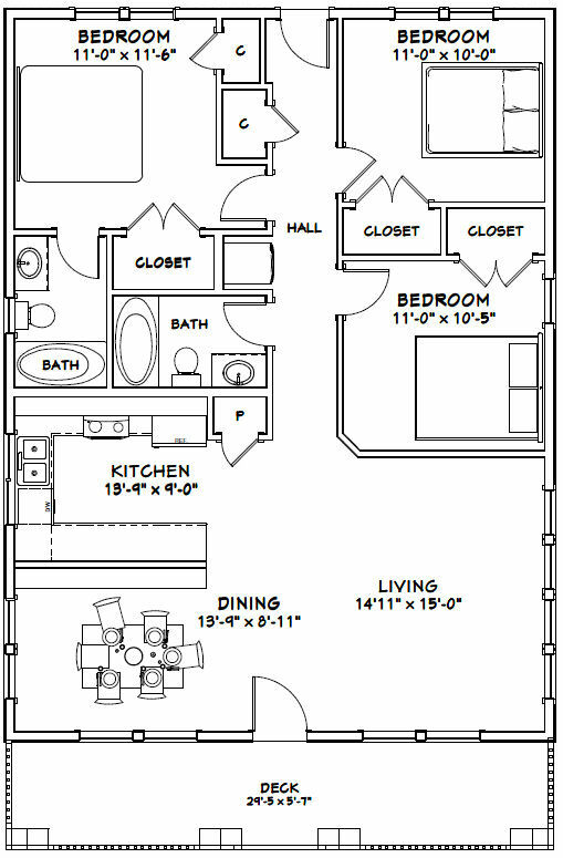 30×40 House — 3 Bedroom 2 Bath — 1,200 sq ft — PDF Floor Plan — Model 3A