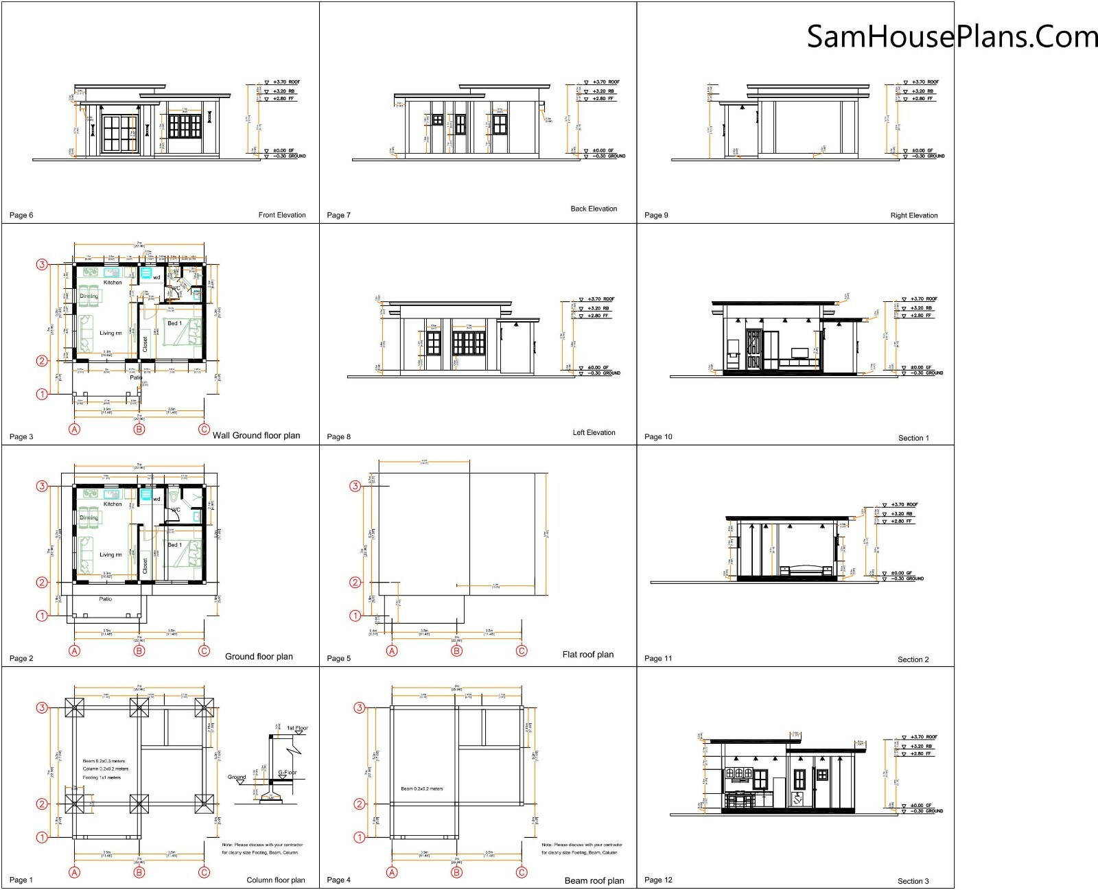 Small Granny Plans 7×7 Meter 23×23 Feet 1 Bed 1 Bath Flat Roof PDF A4 Hard Copy