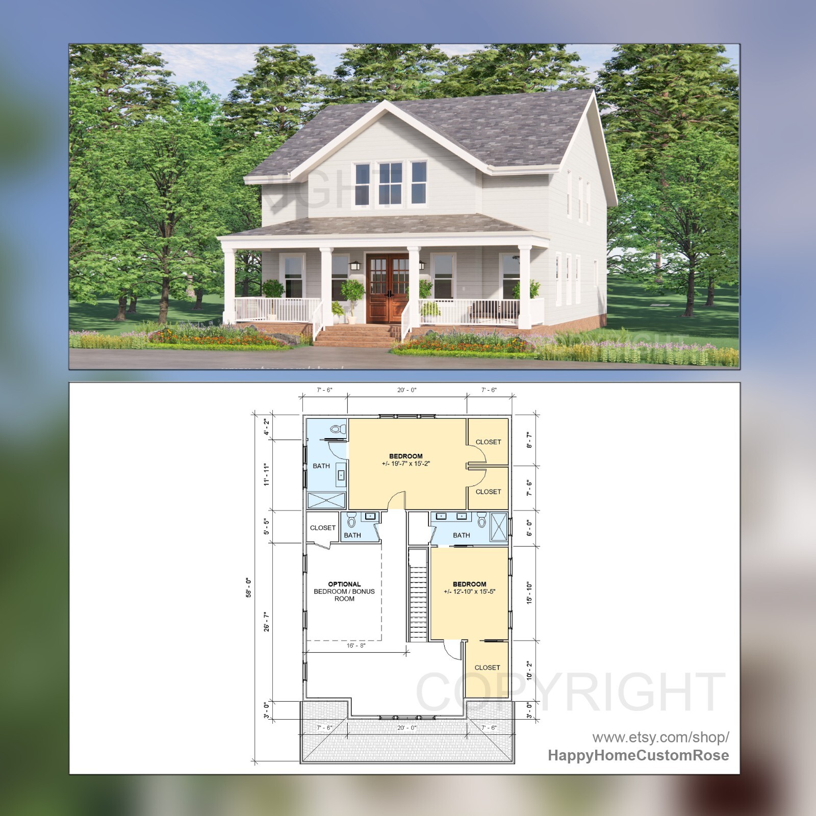 Tall Oak Southern Living Farmhouse – 4 Bed 4 Bath – 58×35′ – Drawings Blueprints