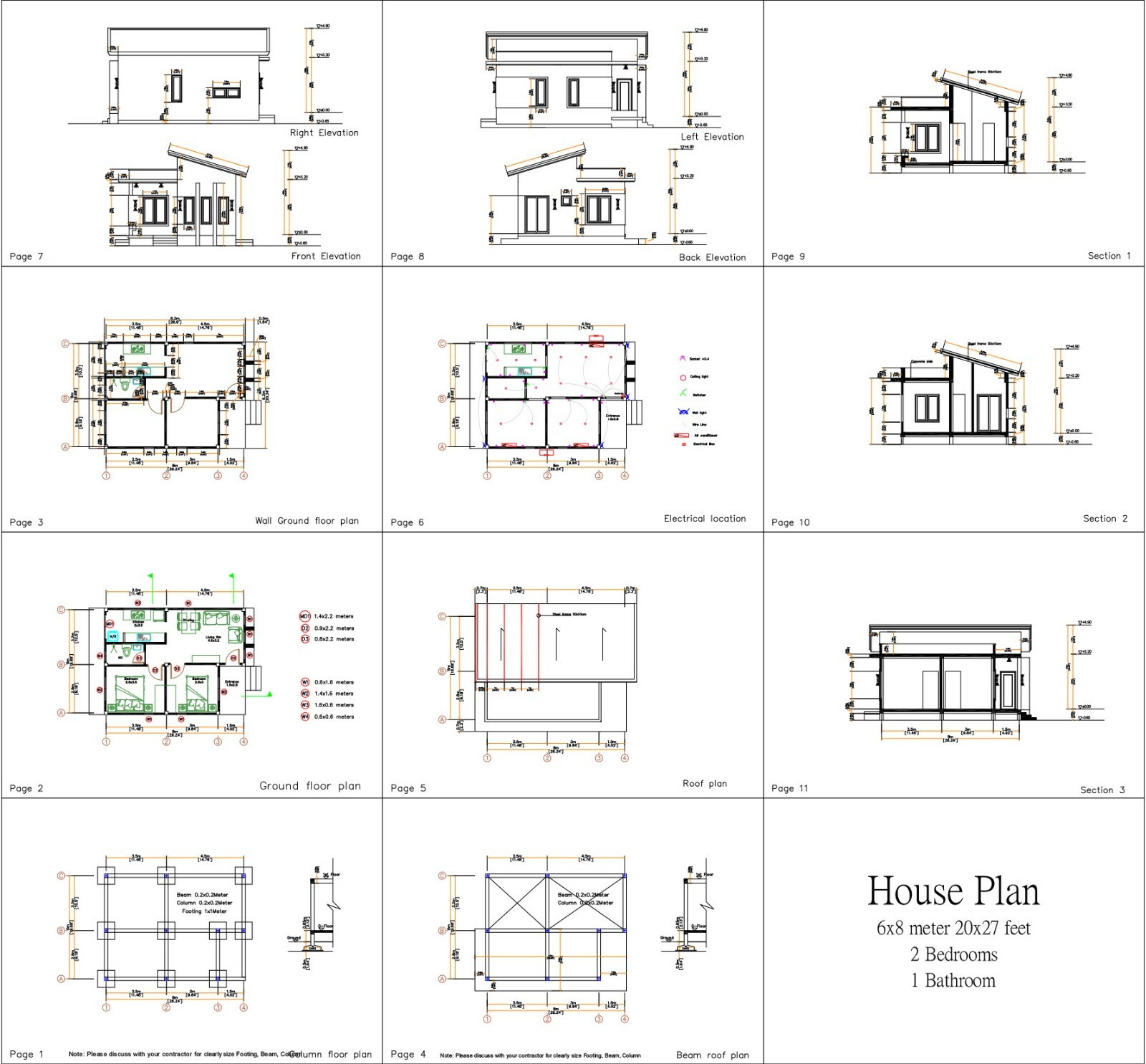 Custom Small House Plans 6×8 Meter 20×27 Feet 2 Beds 1 Bath (A4 Hard Copy)