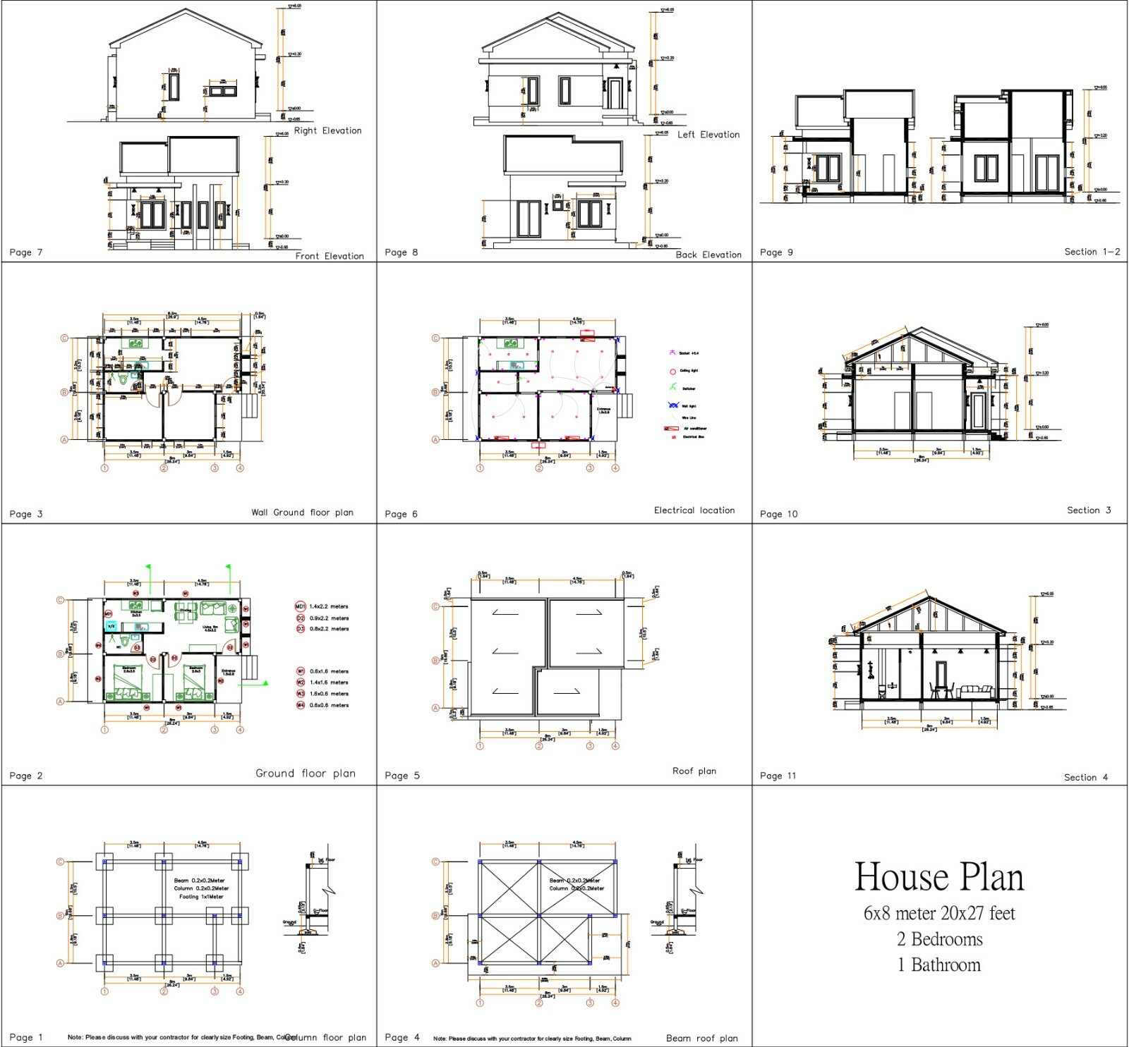Custom Small House Plan 20×27 Feet 6×8 Meter 2 Beds 1 Bath PDF (A4 Hard Copy)