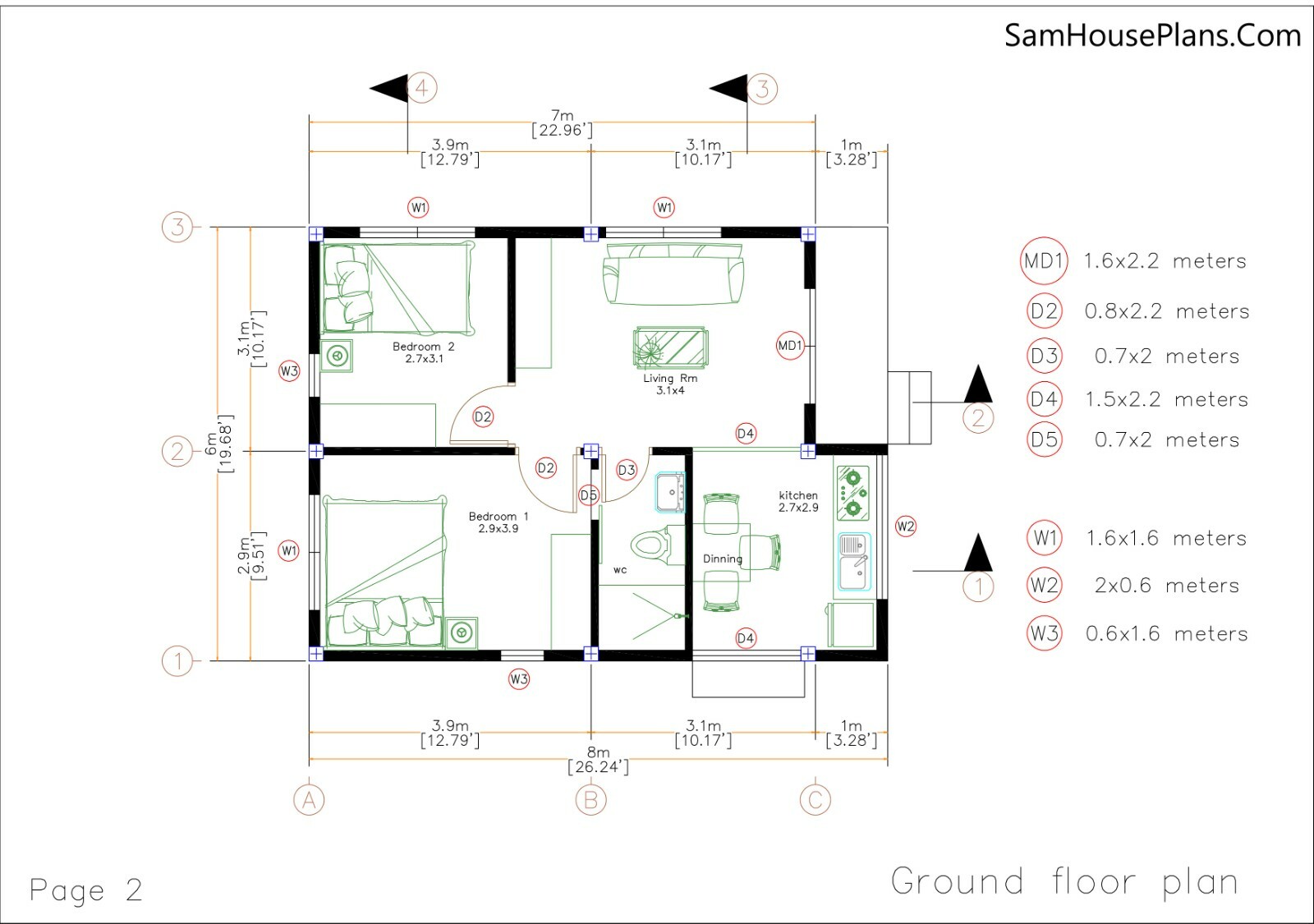 House Design 3d 6×8 Meter 20×26 Feet 2 Bedrooms Shed Roof PDF (A4 Hard Copy)