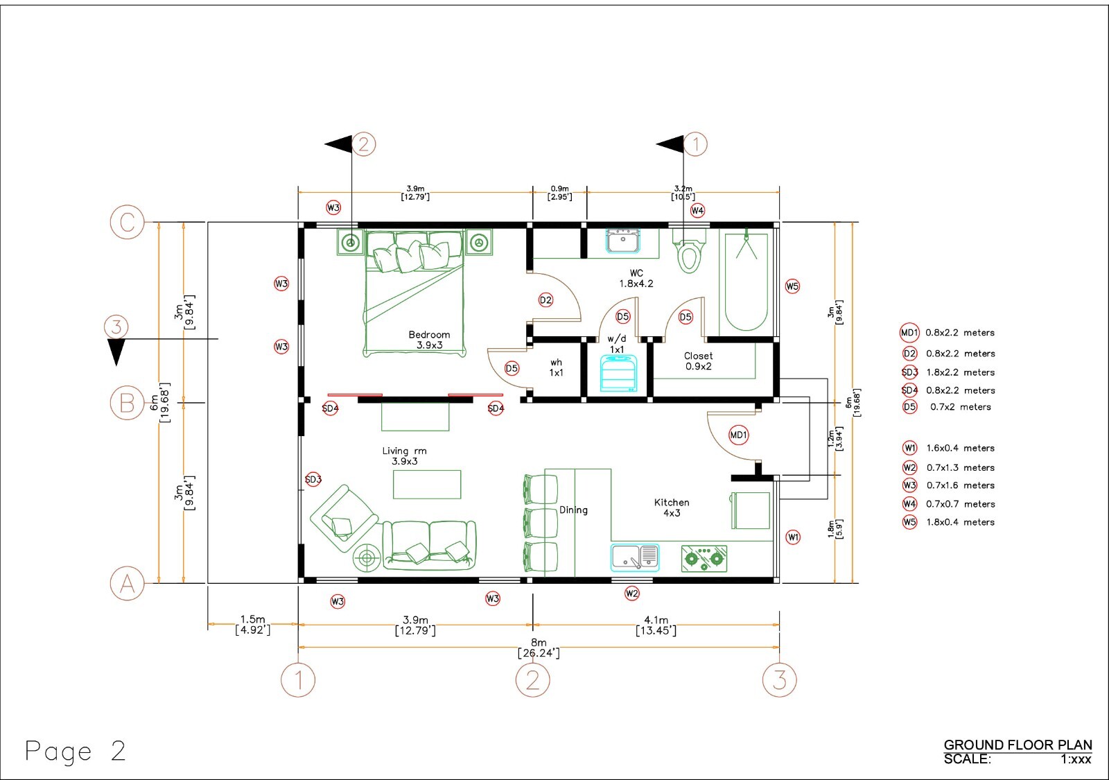 20×26 Feet Tiny House Plans 6×8 Meter 1 Bed 1 Bath Shed Roof PDF (A4 Hard Copy)