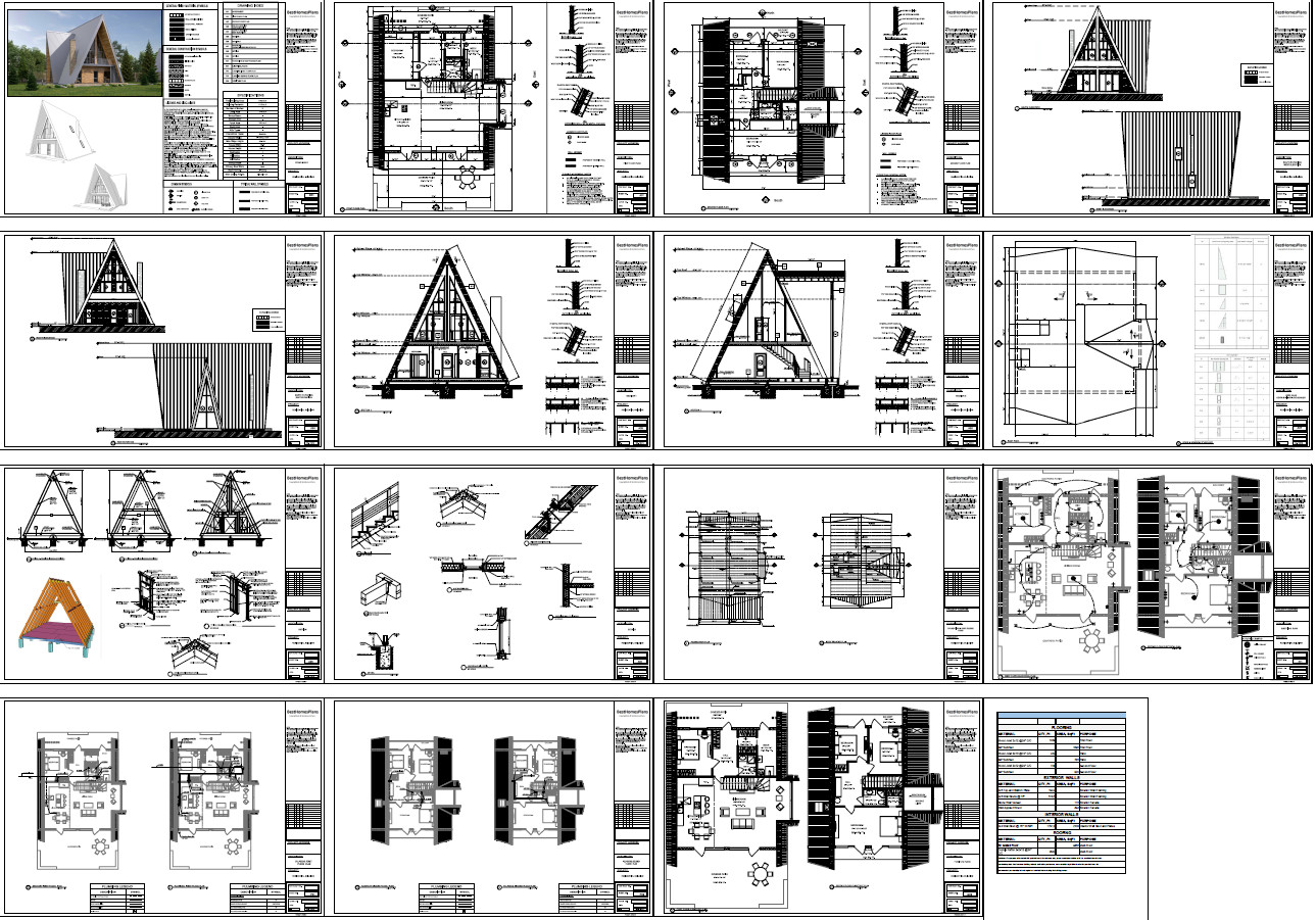 35’x59’ 4 Beds, 2 Baths A-Frame Cabin Architectural Build Plans PDF.