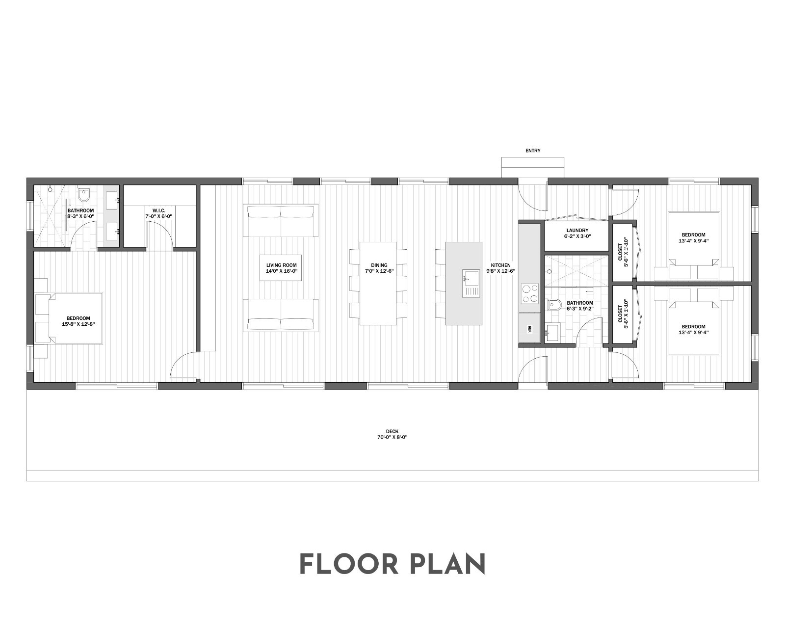 Modern Cabin House, 20′ x 70′, 1400 Sq Ft, 3 Bed 2 Bath, Architectural Plans