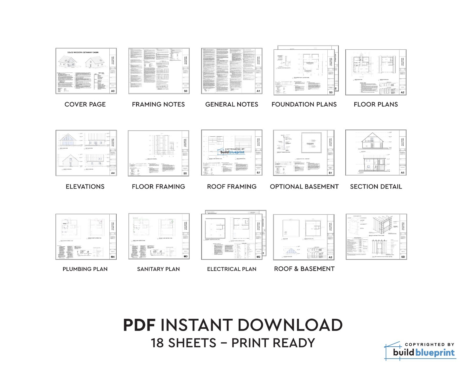 32′ x 32′ Modern Vacation Cabin Architectural Plans 1363SF – PDF Download