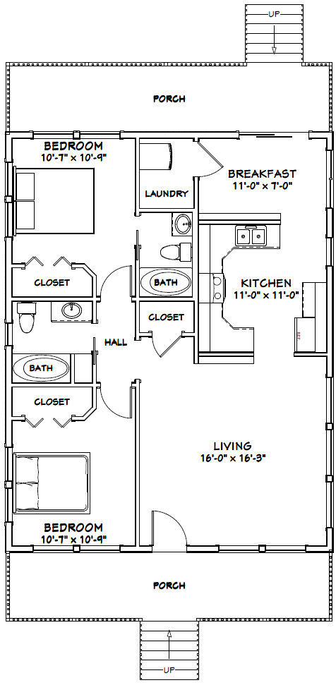 28×36 House — 2 Bedroom 2 Bath — 1,008 sq ft — PDF Floor Plan — Model 3E